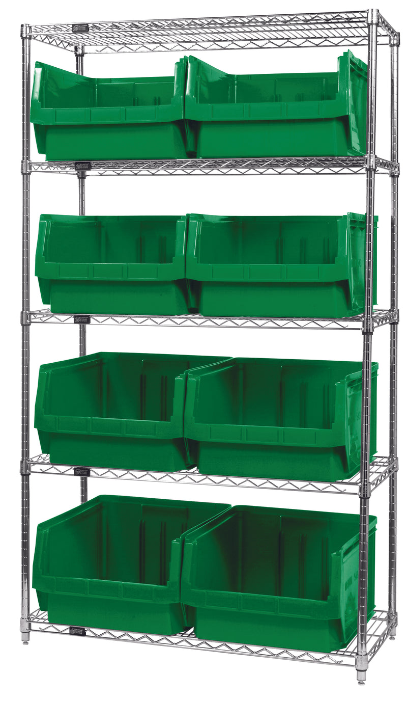 Quantum WR5-543GN, 18"W 42"D 74"H Bin Wire Shelving System, Green Bins, Chrome Plated Finish