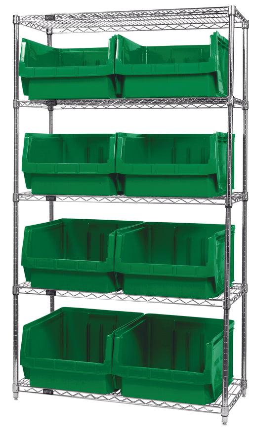 Quantum WR5-543GN, 18"W 42"D 74"H Bin Wire Shelving System, Green Bins, Chrome Plated Finish