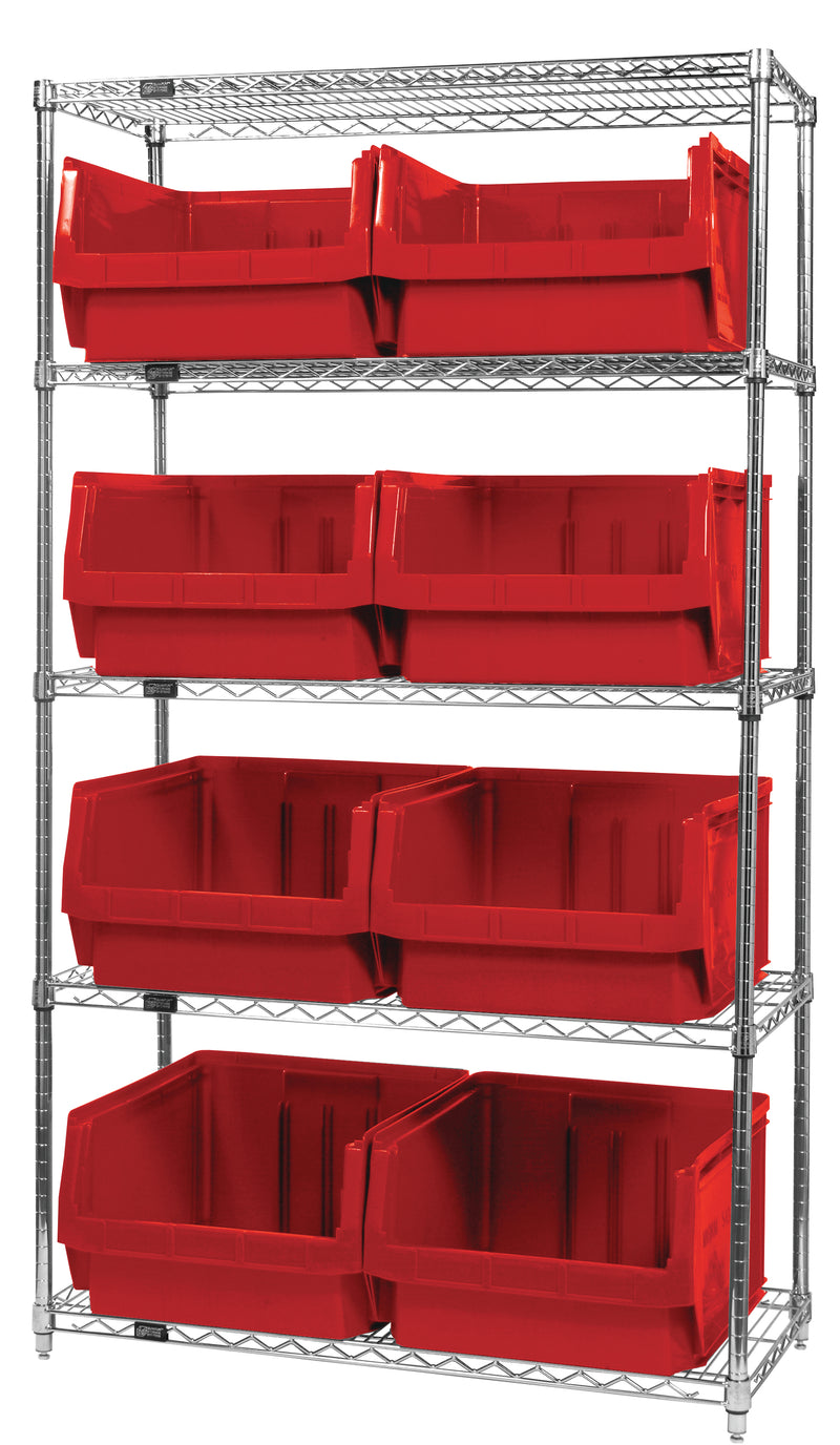 Quantum WR5-543RD, 18"W 42"D 74"H Bin Wire Shelving System, Red Bins, Chrome Plated Finish