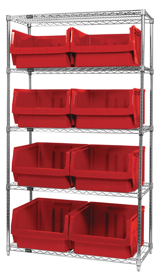 Quantum WR5-543RD, 18"W 42"D 74"H Bin Wire Shelving System, Red Bins, Chrome Plated Finish