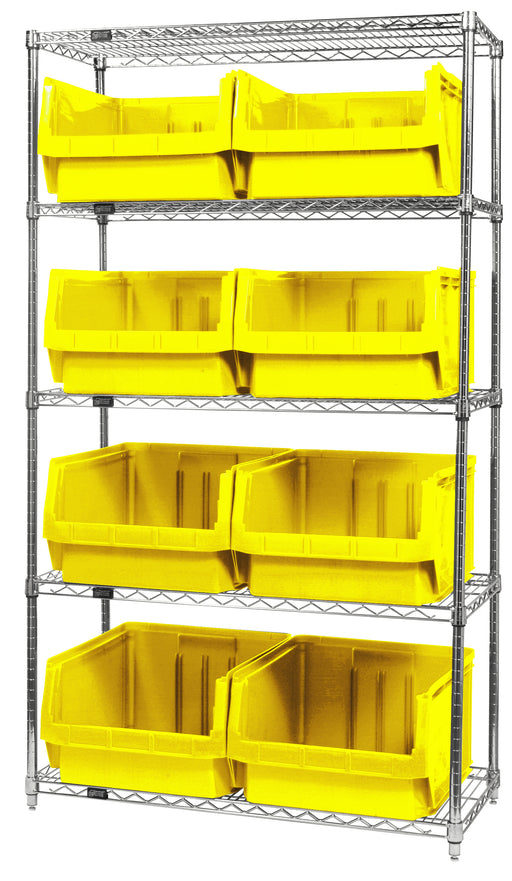 Quantum WR5-543YL, 18"W 42"D 74"H Bin Wire Shelving System, Yellow Bins, Chrome Plated Finish