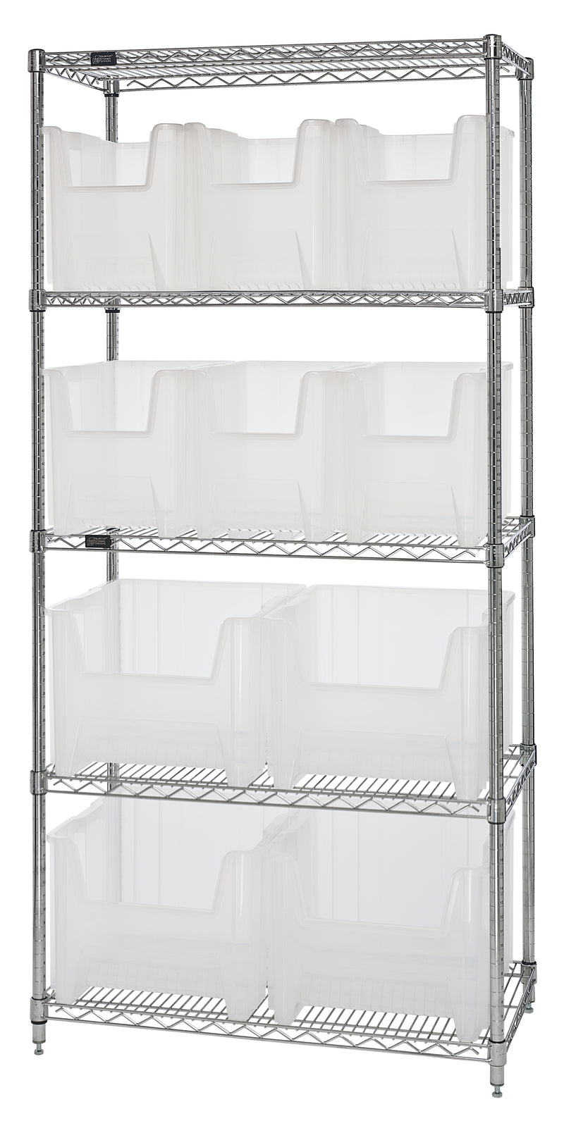 Quantum WR5-600800CL, 18"W 36"D 74"H Bin Wire Shelving System, Clear Bins, Chrome Plated Finish