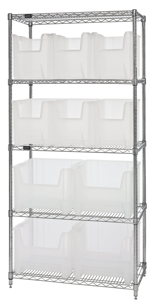 Quantum WR5-600800CL, 18"W 36"D 74"H Bin Wire Shelving System, Clear Bins, Chrome Plated Finish