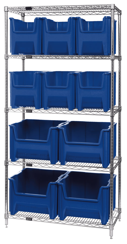 Quantum WR5-600800BL, 18"W 36"D 74"H Bin Wire Shelving System, Blue Bins, Chrome Plated Finish