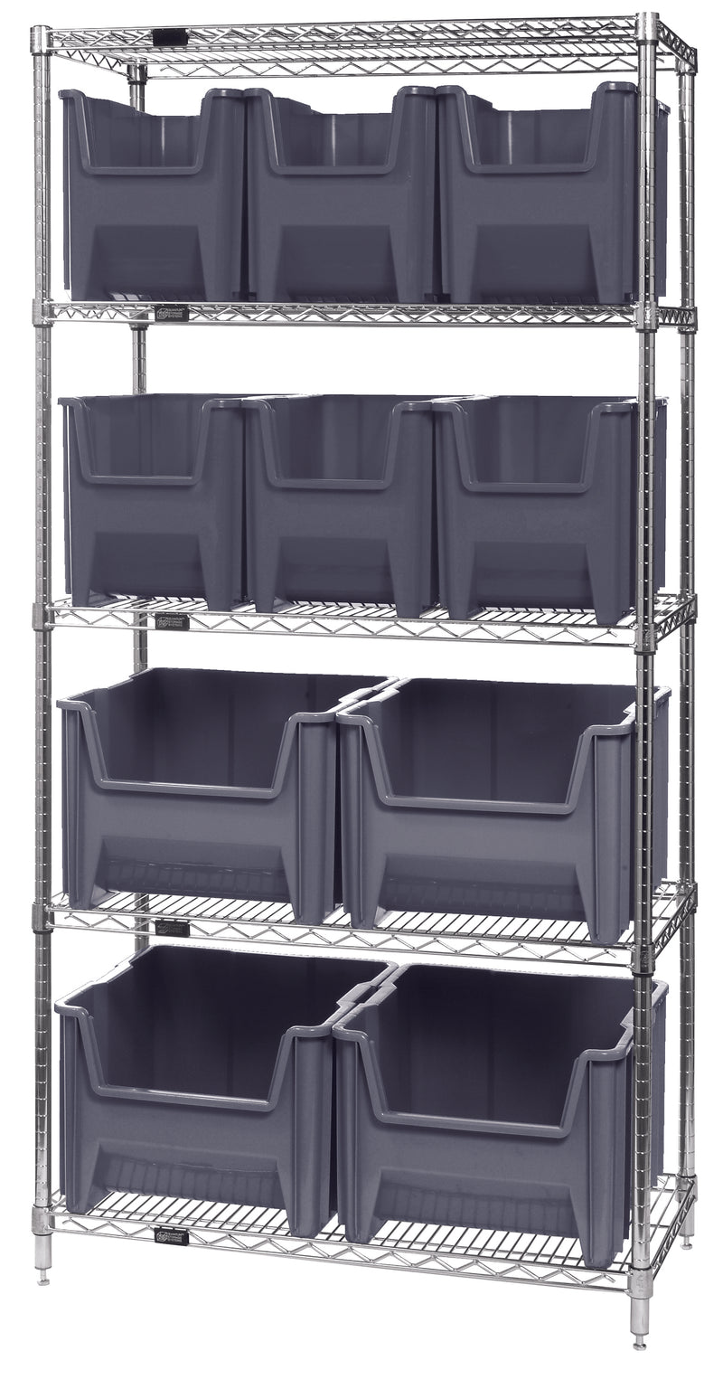 Quantum WR5-600800GY, 18"W 36"D 74"H Bin Wire Shelving System, Chrome Plated Finish