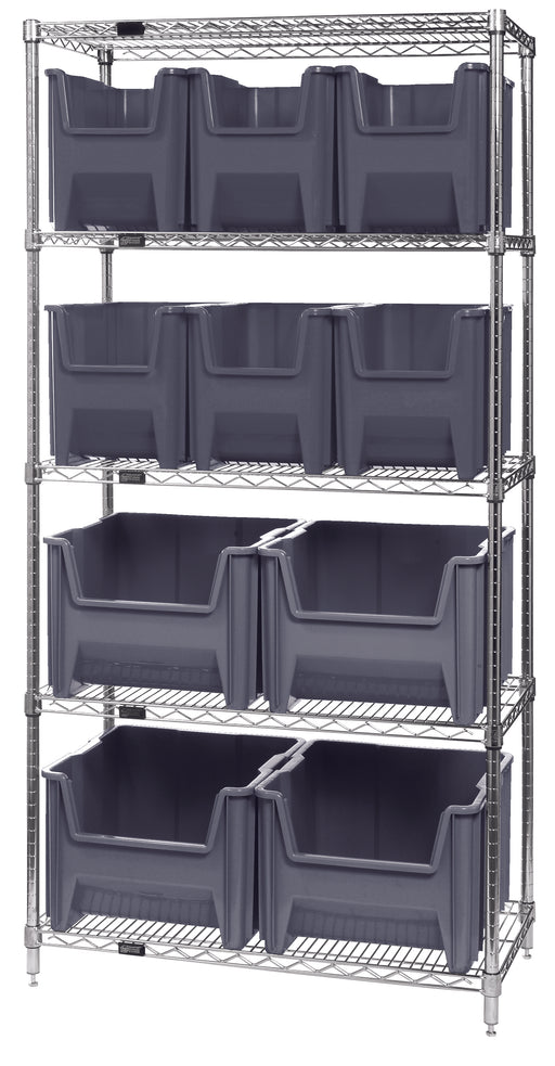 Quantum WR5-600800GY, 18"W 36"D 74"H Bin Wire Shelving System, Chrome Plated Finish