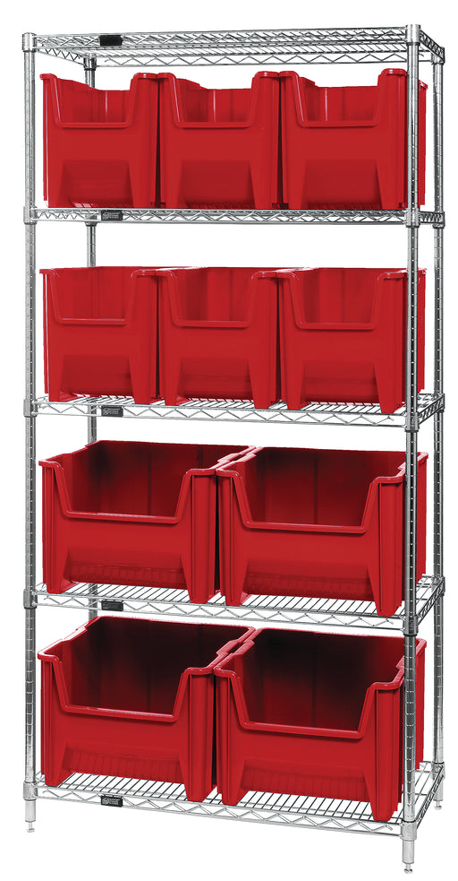 Quantum WR5-600800RD, 18"W 36"D 74"H Bin Wire Shelving System, Red Bins, Chrome Plated Finish
