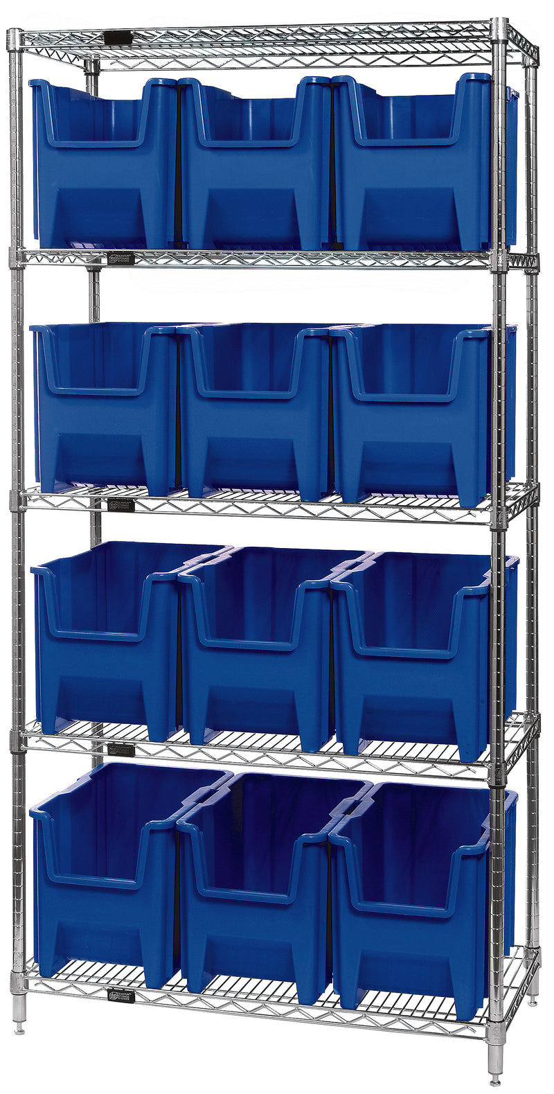 Quantum WR5-600BL, 18"W 36"D 74"H Bin Wire Shelving System, Blue Bins, Chrome Plated Finish