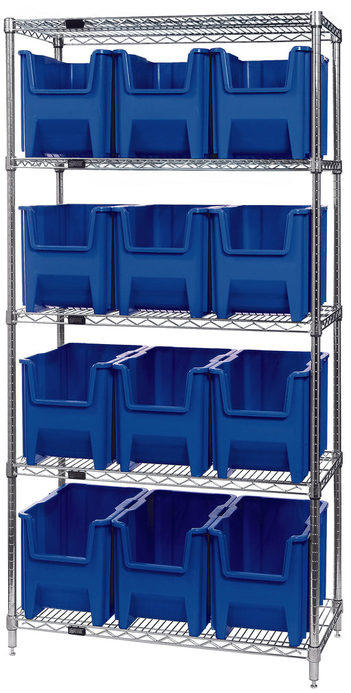 Quantum WR5-600BL, 18"W 36"D 74"H Bin Wire Shelving System, Blue Bins, Chrome Plated Finish