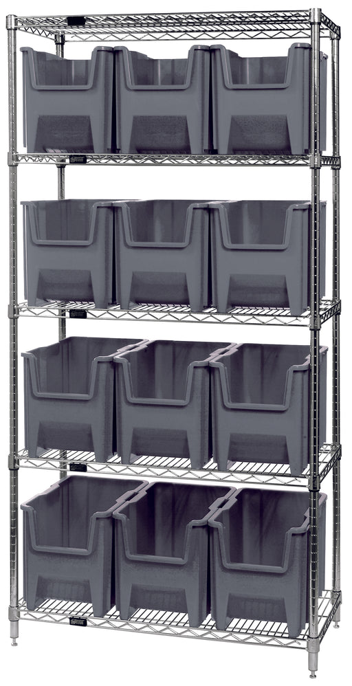 Quantum WR5-600GY, 18"W 36"D 74"H Bin Wire Shelving System, Chrome Plated Finish