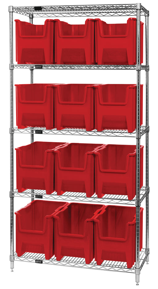 Quantum WR5-600RD, 18"W 36"D 74"H Bin Wire Shelving System, Red Bins, Chrome Plated Finish