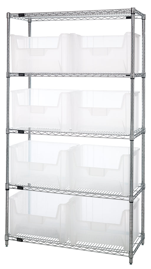 Quantum WR5-700CL, 18"W 42"D 74"H Bin Wire Shelving System, Clear Bins, Chrome Plated Finish
