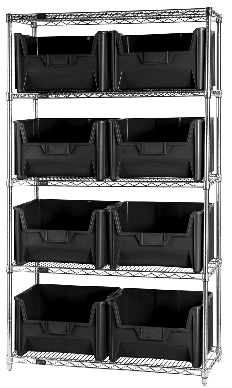 Quantum WR5-700BK, 18"W 42"D 74"H Bin Wire Shelving System, Black Bins, Chrome Plated Finish