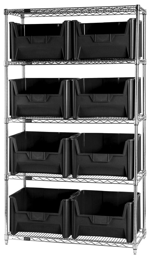 Quantum WR5-700BK, 18"W 42"D 74"H Bin Wire Shelving System, Black Bins, Chrome Plated Finish