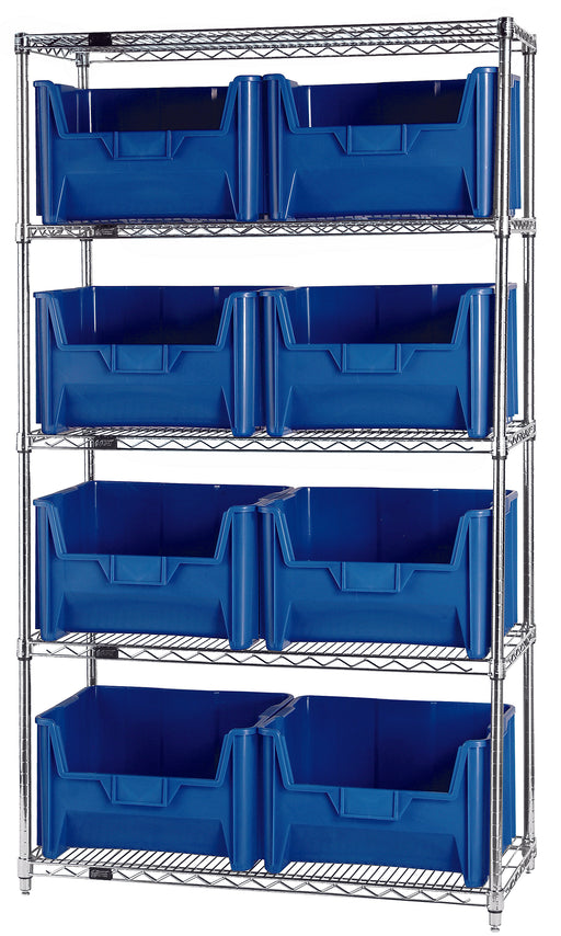 Quantum WR5-700BL, 18"W 42"D 74"H Bin Wire Shelving System, Blue Bins, Chrome Plated Finish