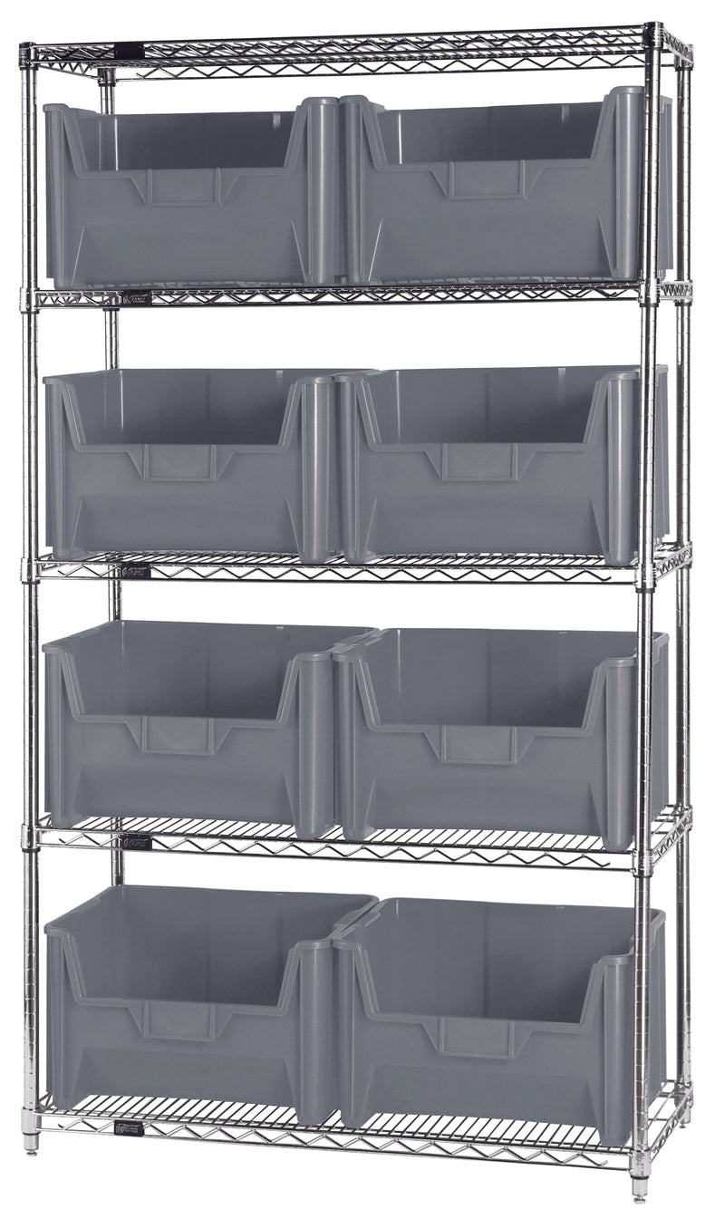 Quantum WR5-700GY, 18"W 42"D 74"H Bin Wire Shelving System, Chrome Plated Finish