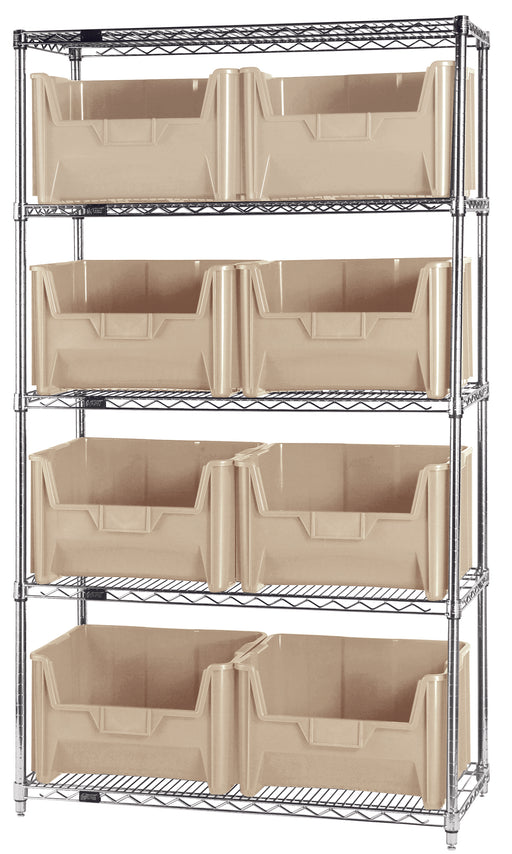 Quantum WR5-700IV, 18"W 42"D 74"H Bin Wire Shelving System, Ivory Bins, Chrome Plated Finish