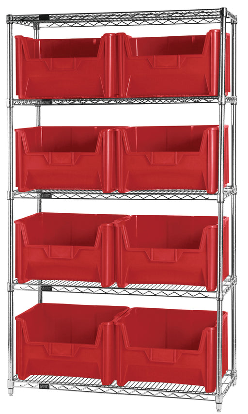 Quantum WR5-700RD, 18"W 42"D 74"H Bin Wire Shelving System, Red Bins, Chrome Plated Finish