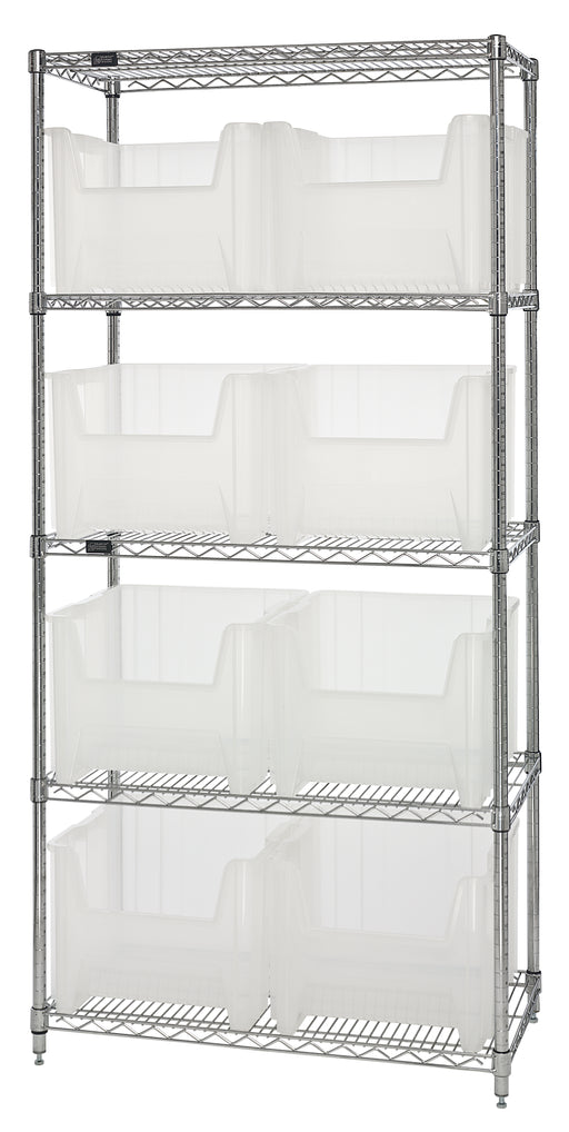 Quantum WR5-800CL, 18"W 36"D 74"H Bin Wire Shelving System, Clear Bins, Chrome Plated Finish
