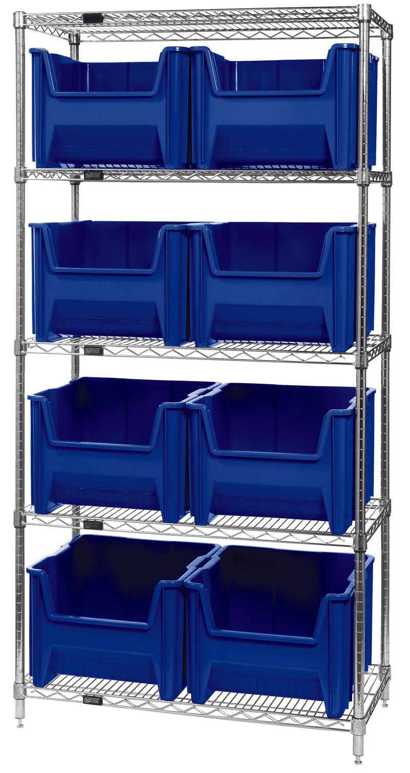 Quantum WR5-800BL, 18"W 36"D 74"H Bin Wire Shelving System, Blue Bins, Chrome Plated Finish