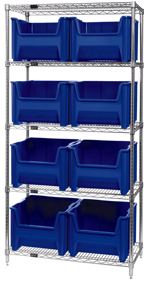 Quantum WR5-800BL, 18"W 36"D 74"H Bin Wire Shelving System, Blue Bins, Chrome Plated Finish