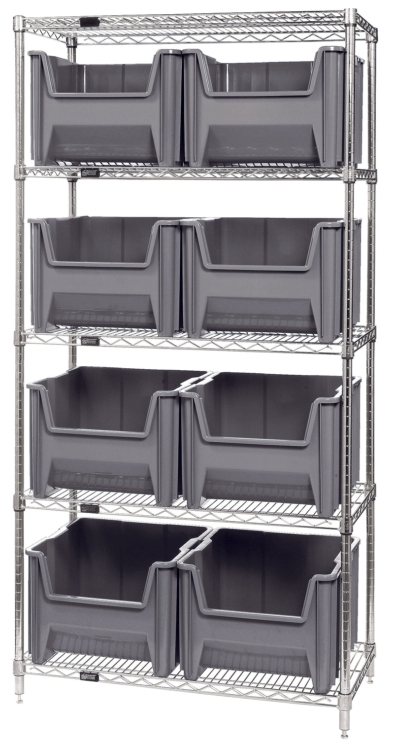 Quantum WR5-800GY, 18"W 36"D 74"H Bin Wire Shelving System, Chrome Plated Finish