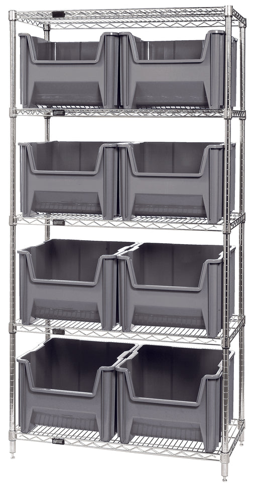 Quantum WR5-800GY, 18"W 36"D 74"H Bin Wire Shelving System, Chrome Plated Finish
