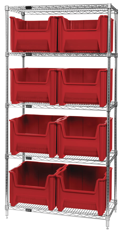 Quantum WR5-800RD, 18"W 36"D 74"H Bin Wire Shelving System, Red Bins, Chrome Plated Finish