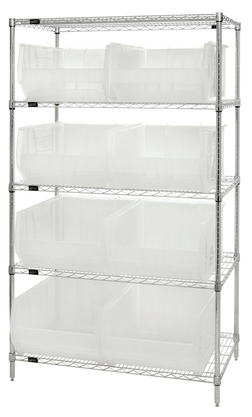Quantum WR5-955CL, 24"W 42"D 74"H Bin Wire Shelving System, Clear Bins, Chrome Plated Finish