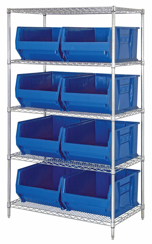 Quantum WR5-955BL, 24"W 42"D 74"H Bin Wire Shelving System, Blue Bins, Chrome Plated Finish
