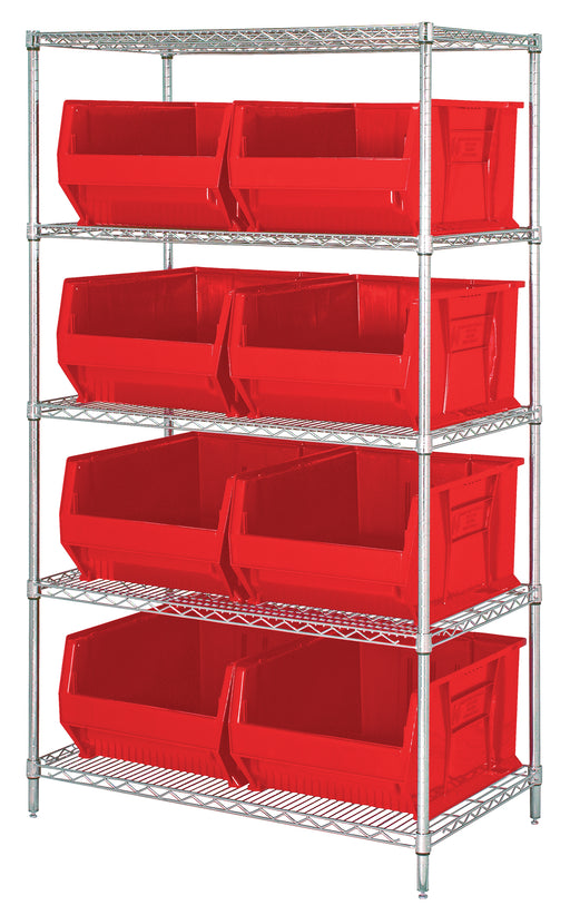 Quantum WR5-955RD, 24"W 42"D 74"H Bin Wire Shelving System, Red Bins, Chrome Plated Finish