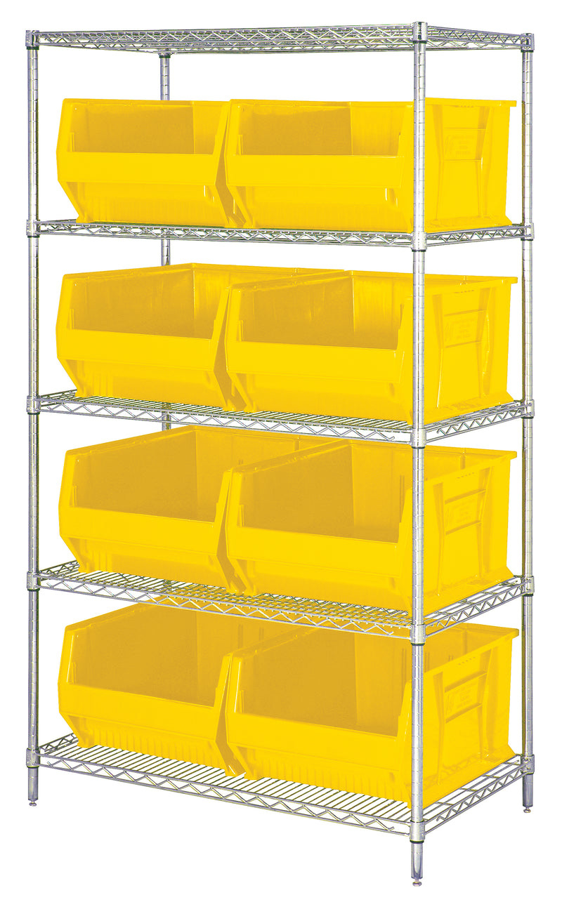 Quantum WR5-955YL, 24"W 42"D 74"H Bin Wire Shelving System, Yellow Bins, Chrome Plated Finish