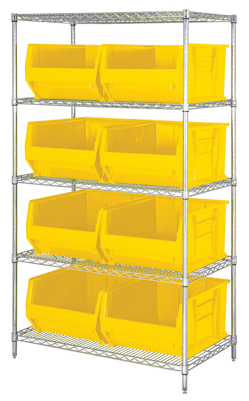 Quantum WR5-955YL, 24"W 42"D 74"H Bin Wire Shelving System, Yellow Bins, Chrome Plated Finish