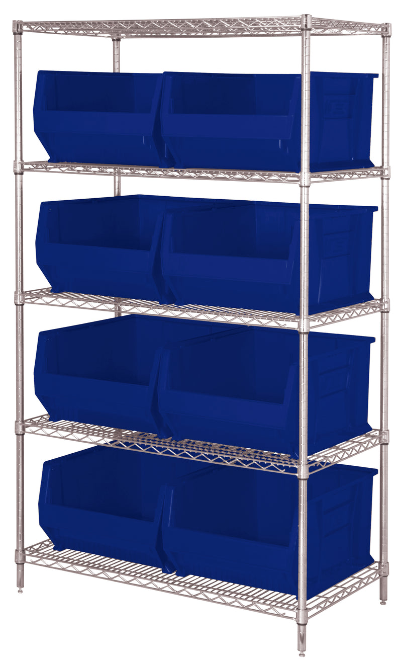Quantum WR5-975BL, 30"W 42"D 74"H Bin Wire Shelving System, Blue Bins, Chrome Plated Finish