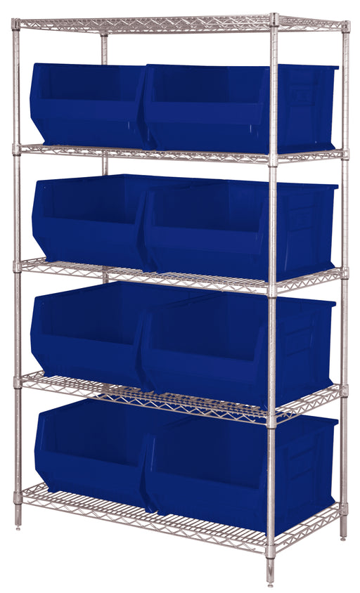 Quantum WR5-975BL, 30"W 42"D 74"H Bin Wire Shelving System, Blue Bins, Chrome Plated Finish