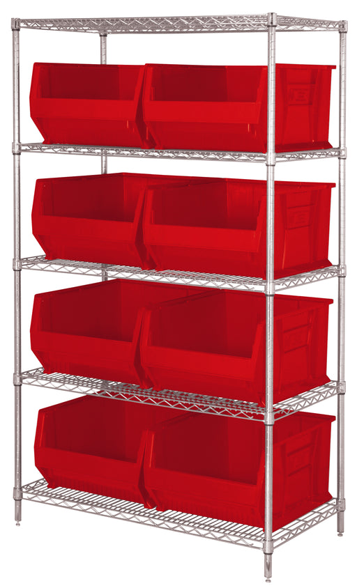 Quantum WR5-975RD, 30"W 42"D 74"H Bin Wire Shelving System, Red Bins, Chrome Plated Finish