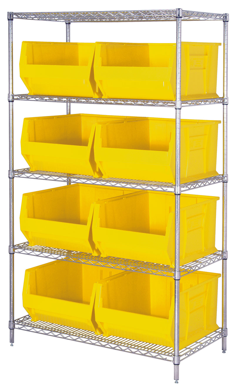 Quantum WR5-975YL, 30"W 42"D 74"H Bin Wire Shelving System, Yellow Bins, Chrome Plated Finish