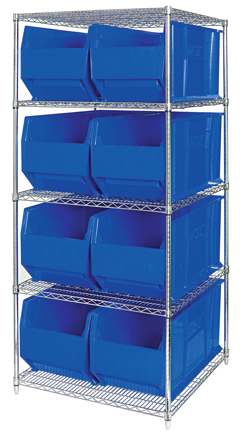 Quantum WR5-993BL, 36"W 36"D 86"H Bin Wire Shelving System, Blue Bins, Chrome Plated Finish