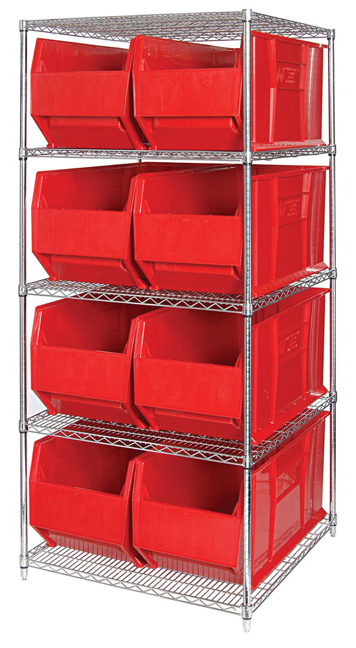 Quantum WR5-993RD, 36"W 36"D 86"H Bin Wire Shelving System, Red Bins, Chrome Plated Finish