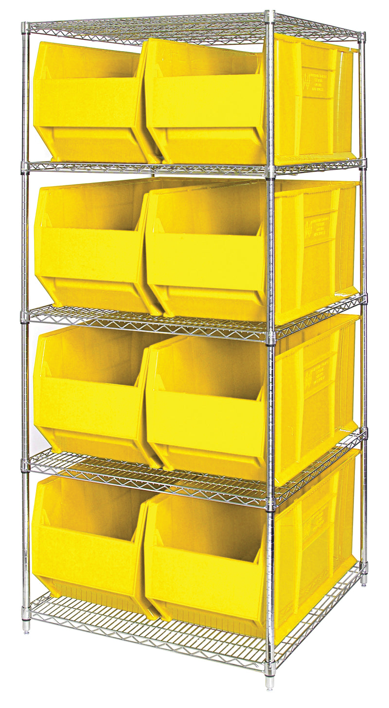Quantum WR5-993YL, 36"W 36"D 86"H Bin Wire Shelving System, Yellow Bins, Chrome Plated Finish