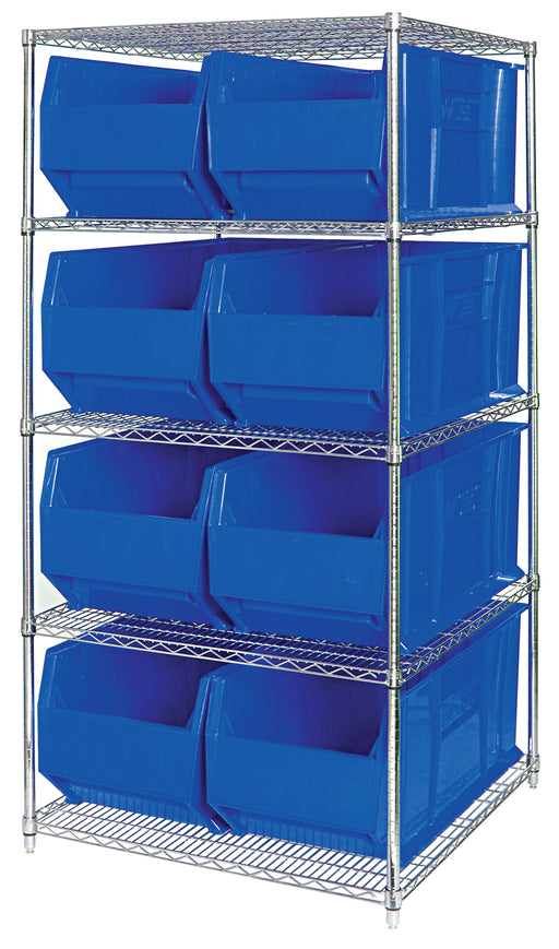 Quantum WR5-995BL, 36"W 48"D 86"H Bin Wire Shelving System, Blue Bins, Chrome Plated Finish