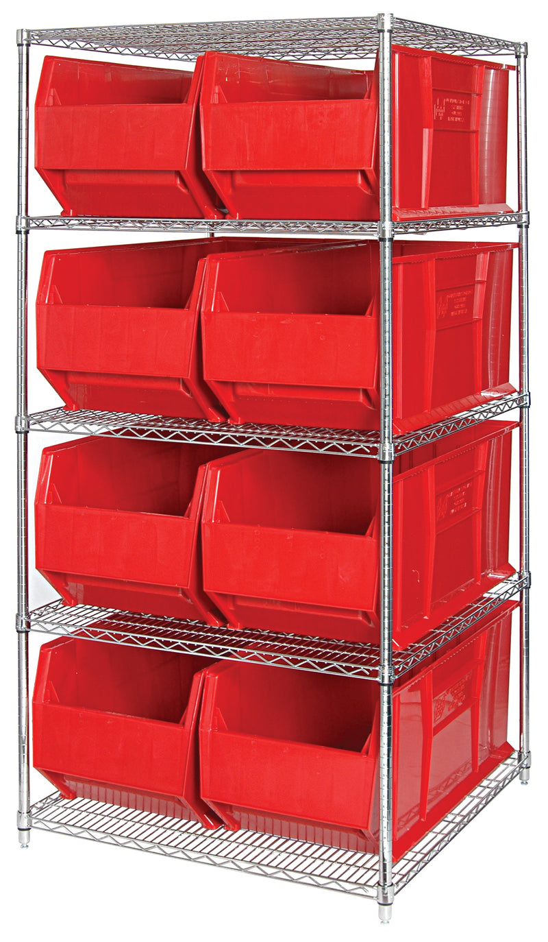 Quantum WR5-995RD, 36"W 48"D 86"H Bin Wire Shelving System, Red Bins, Chrome Plated Finish