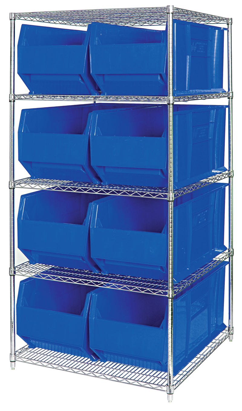 Quantum WR5-997BL, 36"W 60"D 86"H Bin Wire Shelving System, Blue Bins, Chrome Plated Finish