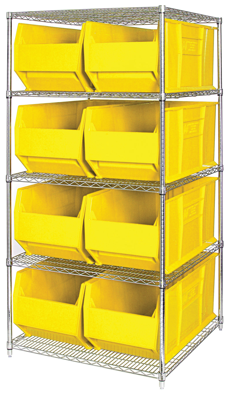 Quantum WR5-997YL, 36"W 60"D 86"H Bin Wire Shelving System, Yellow Bins, Chrome Plated Finish
