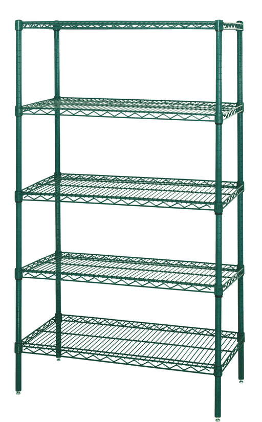 Quantum WR54-1236P-5, 12"W 36"D 54"H WR Wire Shelving Starter Kit, Green Epoxy Antimicrobial Finish, NSF, 12" Deep