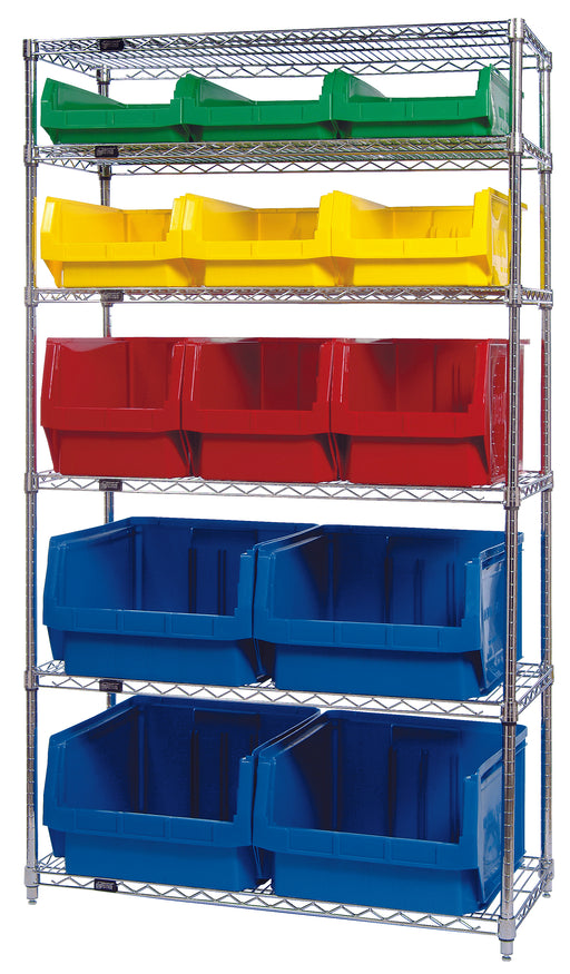Quantum WR6-13-MIXMD, 18"W 42"D 74"H Bin Wire Shelving System, Multicolor Bins, Chrome Plated Finish, Mix