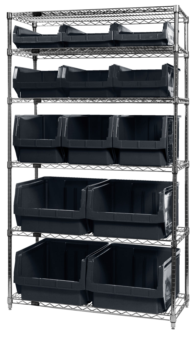 Quantum WR6-13-MIXBK, 18"W 42"D 74"H Bin Wire Shelving System, Black Bins, Chrome Plated Finish, Mix