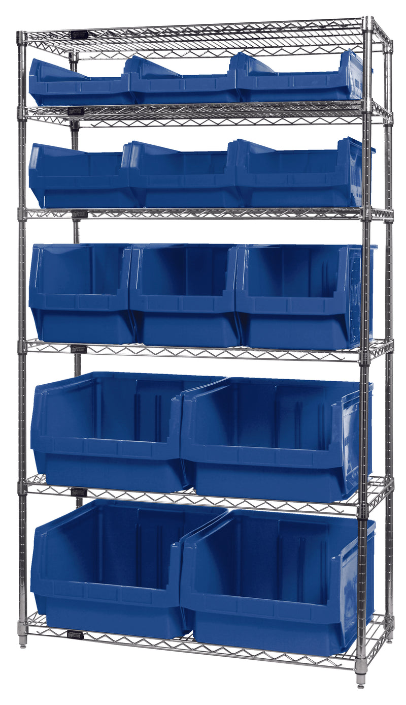 Quantum WR6-13-MIXBL, 18"W 42"D 74"H Bin Wire Shelving System, Blue Bins, Chrome Plated Finish, Mix