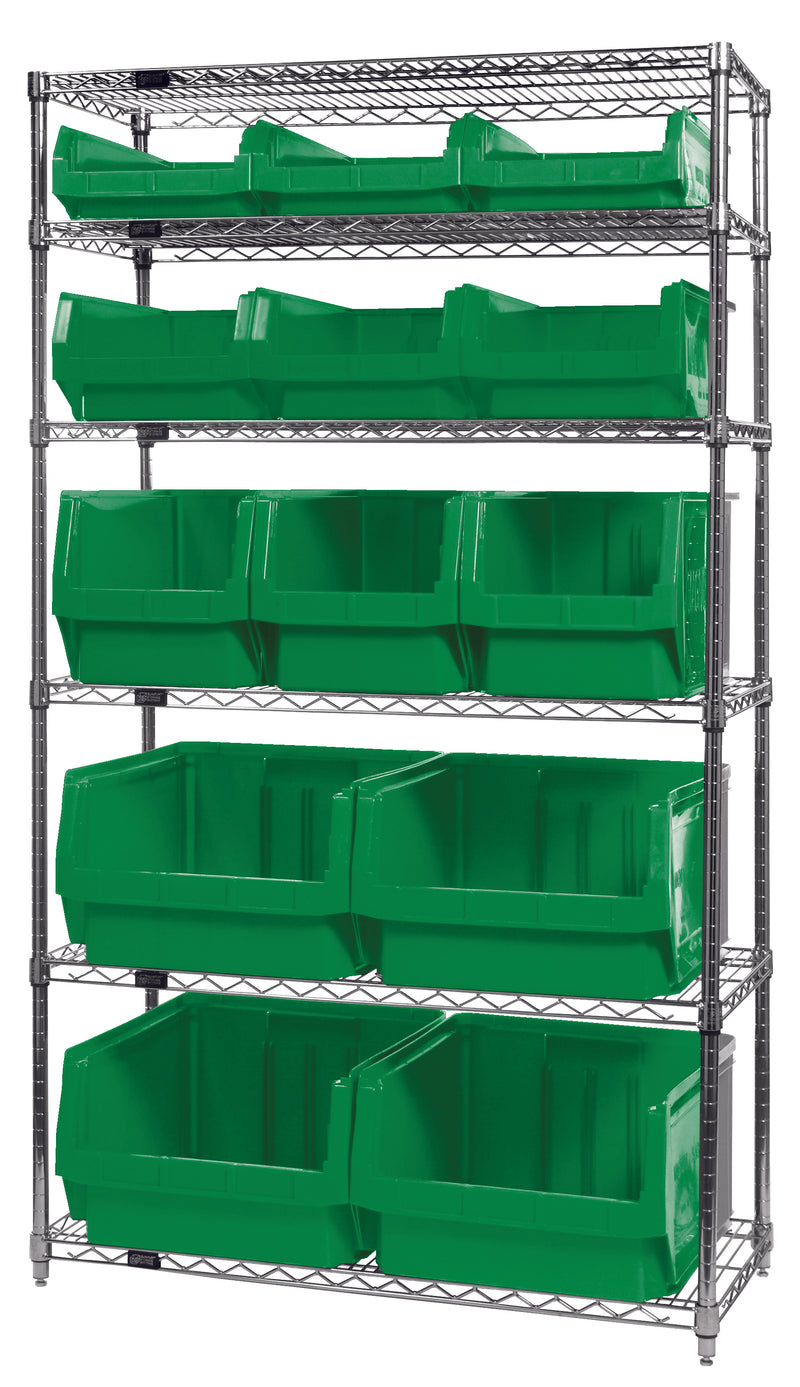 Quantum WR6-13-MIXGN, 18"W 42"D 74"H Bin Wire Shelving System, Green Bins, Chrome Plated Finish, Mix