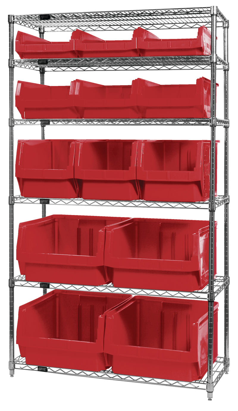 Quantum WR6-13-MIXRD, 18"W 42"D 74"H Bin Wire Shelving System, Red Bins, Chrome Plated Finish, Mix